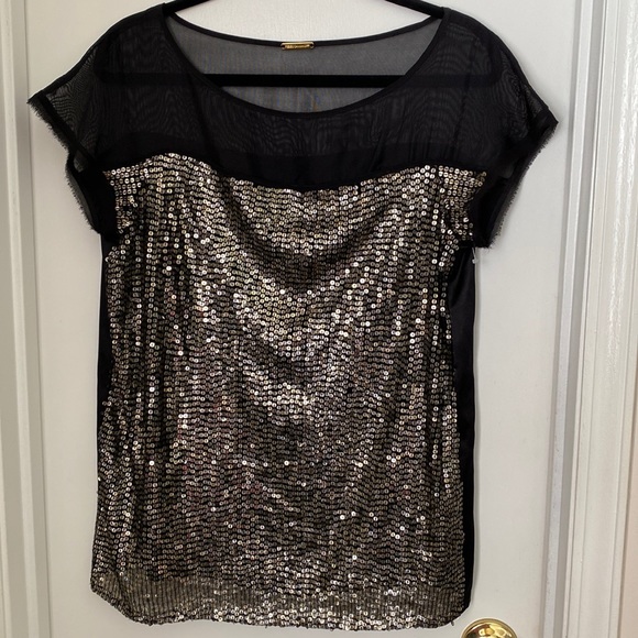Rebecca Minkoff Sequined Blouse Sz 10, Black and Gold - Picture 1 of 8